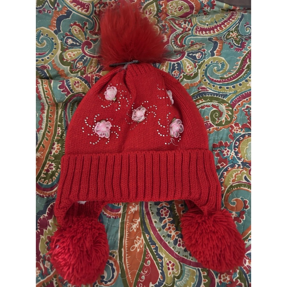 Red Knit Hat With Flowers Children's New‎